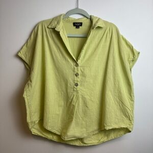 Gigio Womens Short Sleeve Oversized Cotton Top L Lime Green Henley Boxy Coastal